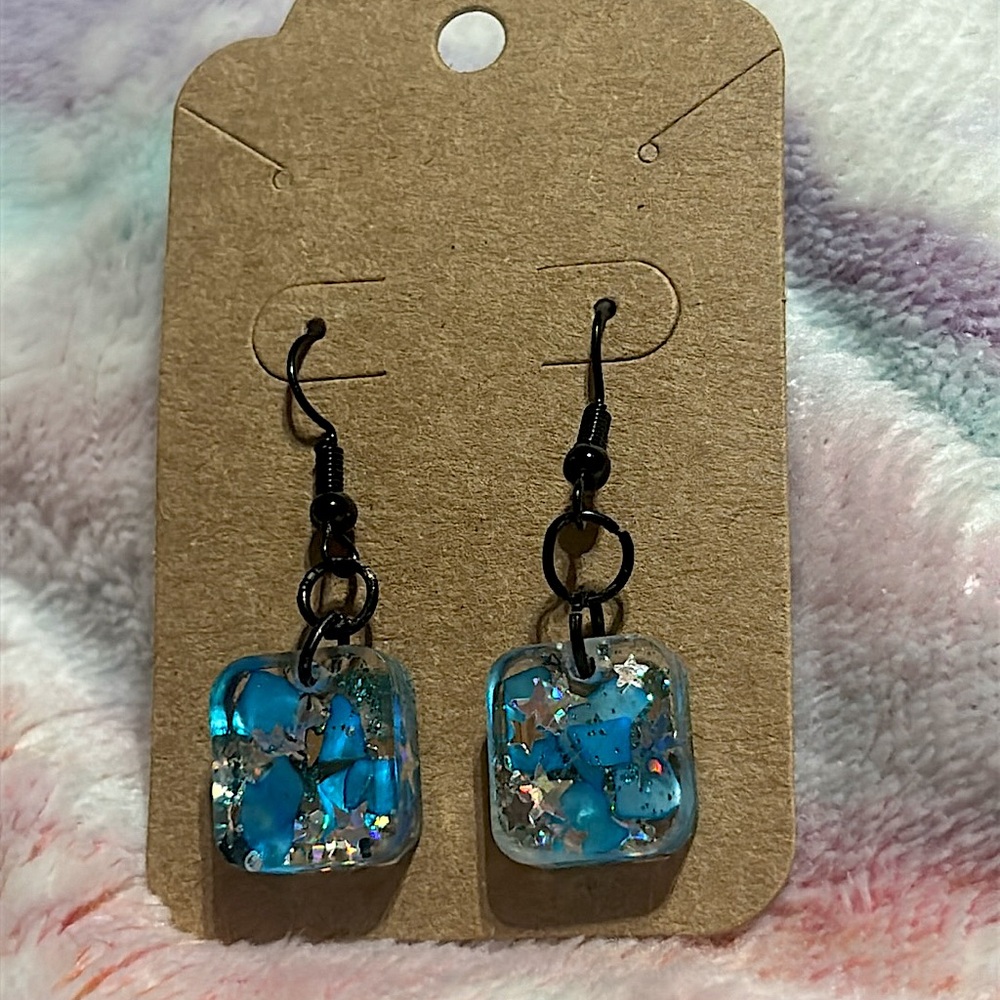 Blue and Silver Square Dangle Earrings